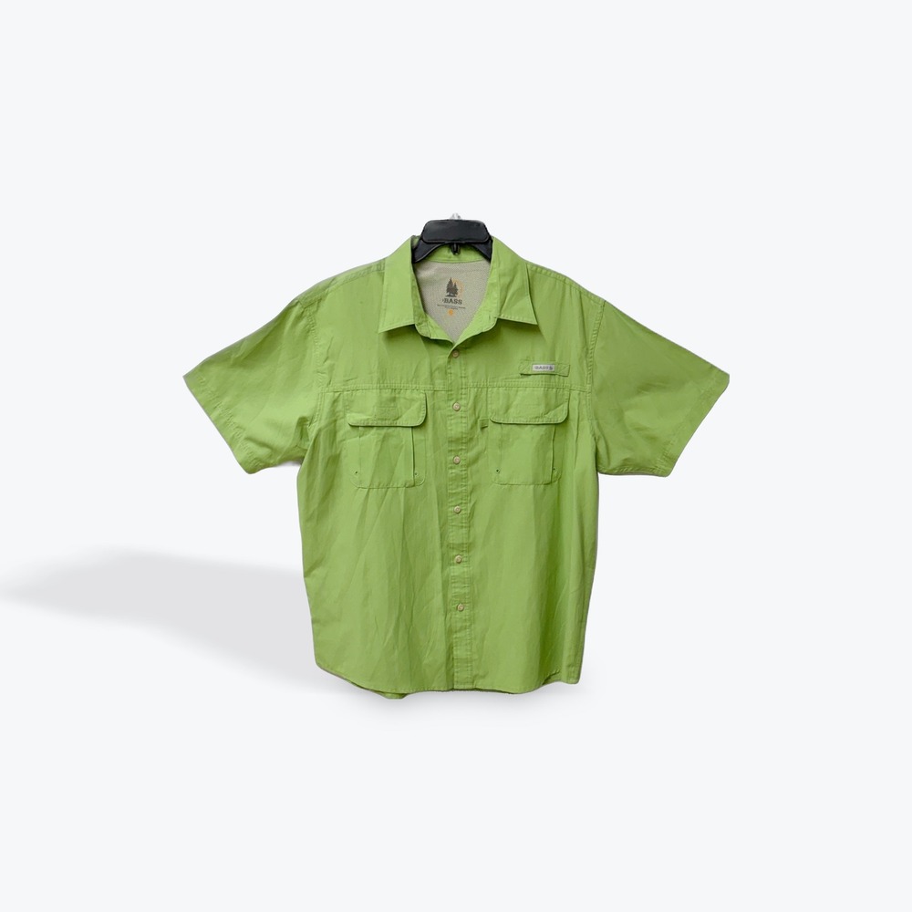 Bass Mens Fishing Shirt Large Lime Green Short Sleeve Ventilated‎ Button Up L/G